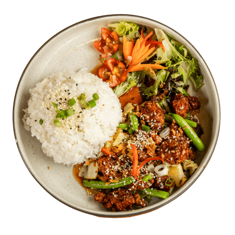 Garlic and honey sesame chicken with jasmine rice